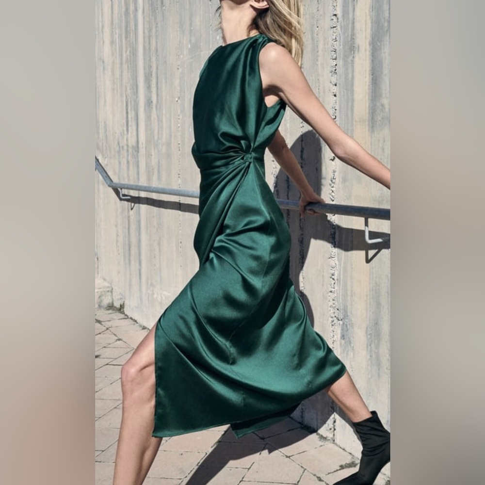 Zara Satin Effect MIDI Dress- “Duck Green”